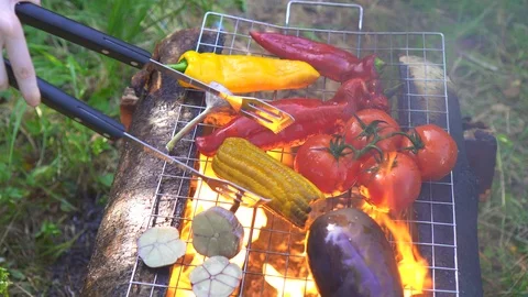Process of cooking delicious grilled vegetables with fire Stock Footage 93701867