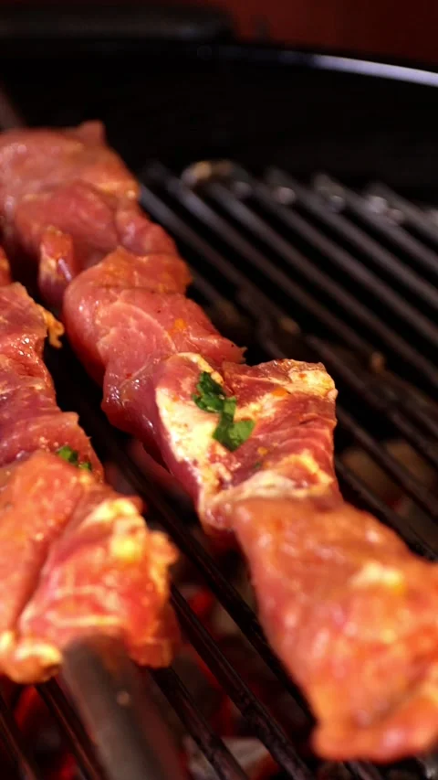 Process of cooking delicious shish kebab on metal skewer. Grilling shashlik on Video stock 219014991