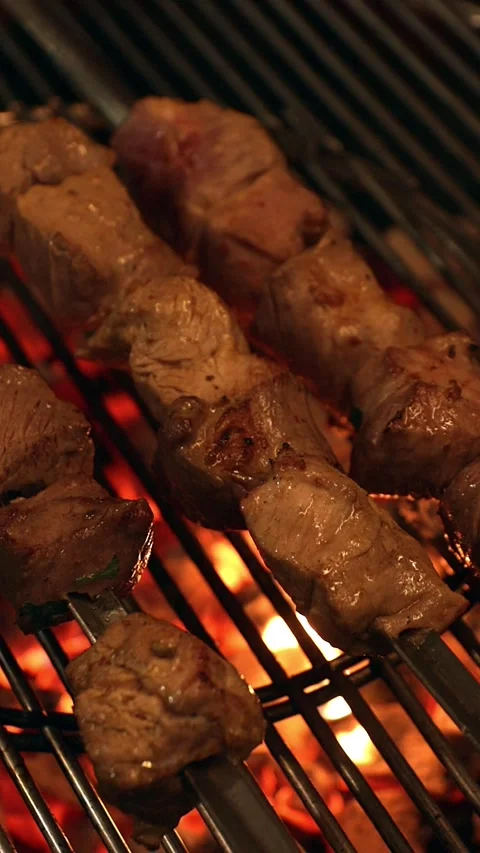 Process of cooking delicious shish kebab on metal skewer. Grilling shashlik on Stock Footage 219015105