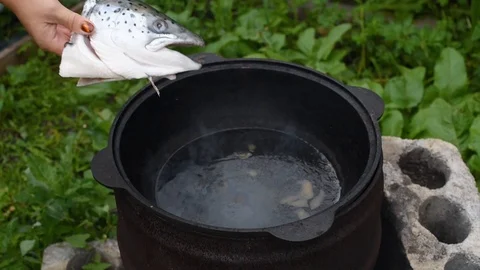 The process of cooking fish soup from salmon head in a cauldron on a bonfire 스톡 동영상 124691406