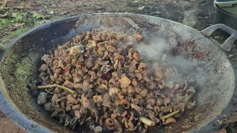 Process Cooking goat skin from close up in a pan Stock Footage 305025266