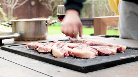 The process of cooking kebab on a table with a built-in barbecue, dinner outdoor Video stock 274176191