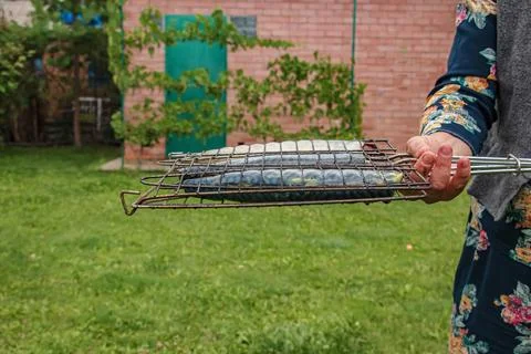 The process of cooking mackerel fish in a marinade on the grill. The hostess  Stock Photos