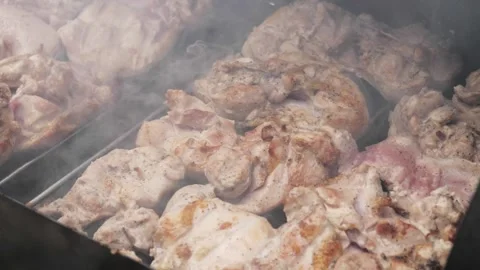 The process of cooking meat on coals. Stock Footage 275571487
