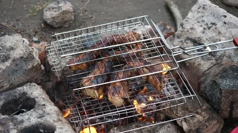 Process of cooking meat in grate on fire close up Stock Footage 242077335