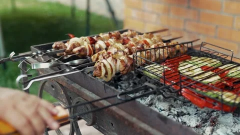 Process of cooking meat skewers and veggies on mangal Stock Footage 343385642