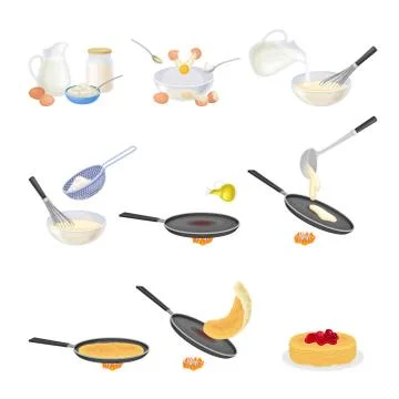 Process of Cooking Pancakes Step by Step with Ingredients Vector Set Stock Illustration