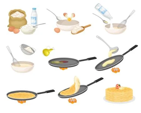 Process of Cooking Pancakes Step by Step with Ingredients Vector Set Stock Illustration