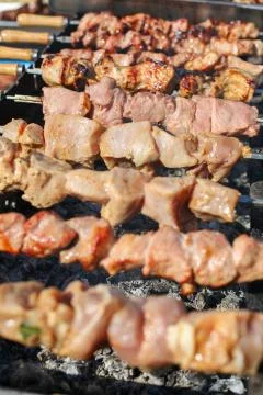 Process of cooking pork kebab. Stock Photos