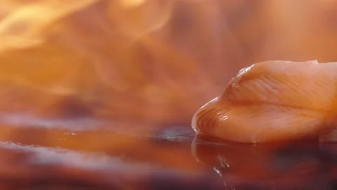 Process of cooking rolls with eel, setting fire to raw eel, on black background Stock Footage 149094066