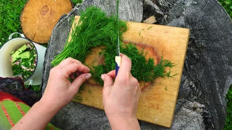 Process of cooking salad or soup in nature. A woman cuts onions and dill on a Stock Footage 99587065