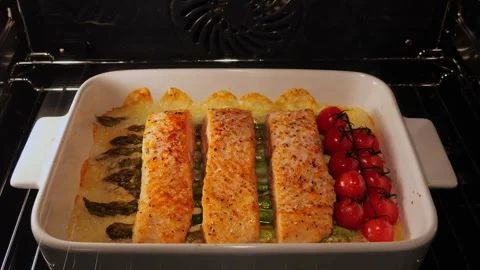 Process cooking salmon fillet tomato, asparagus, mozzarella in oven. Time lapse Stock Footage 250040026