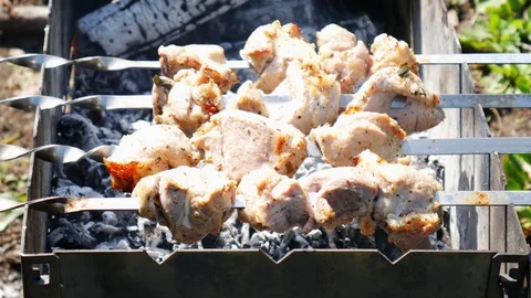 Process of cooking shish kebab Stock Footage 75825677