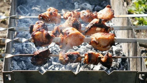 Process of cooking shish kebab Stock Footage 87610493