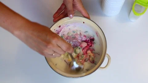 The process of cooking vegetable soup without cooking. Stock Footage 89454435