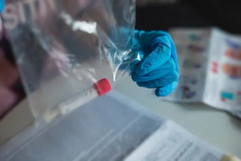 Process of coronavirus testing examination at home, COVID-19 swab collection  Stock Photos