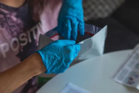 Process of coronavirus testing examination at home, COVID-19 swab collection  스톡 사진