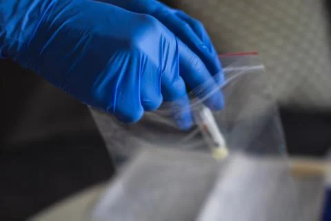 Process of coronavirus testing examination at home, COVID-19 swab collection  Stock Photos