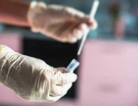 Process of coronavirus testing examination at home, COVID-19 swab collection  Stock Photos