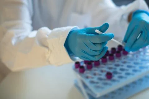 Process of coronavirus testing examination by nurse medic in laboratory lab,  Stock Photos