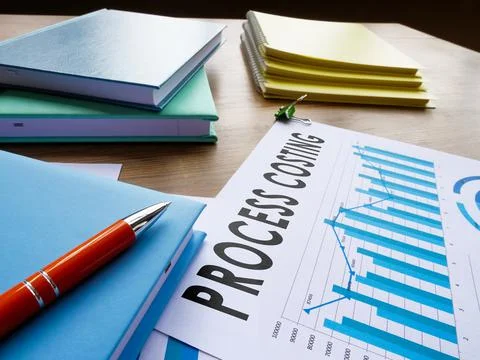 Process costing report with financial data and notepads. Stock Photos