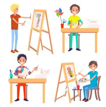 Process of Creating Art Picture and Making Origami Illustrazione stock