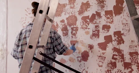 The Process of Creating an Artistic Wall Painting While Balancing on a Ladder Stock Footage 307995046