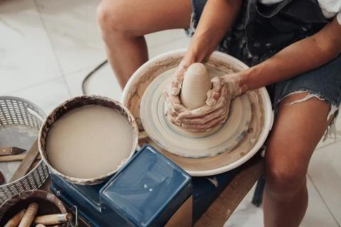 Process of Creating Clay Pot, Unrecognisable Female Master Working on a Pottery Stock Photos