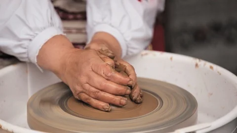 Process Of Creating A Clay Pot. Using Hands. Pottery Craft Wheel And Ceramic Stock Footage 93799716