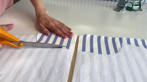 The process of creating clothes in the atelier. Close-up of tailor cutting Stock Footage 312565476