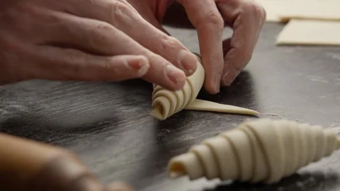 Process of creating croissants in bakery. Baker prepares croissants. Male hands Stock-Footage 299548565