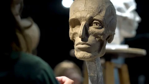 The process of creating ecorche. The sculptor is working. Stock Footage 128254614