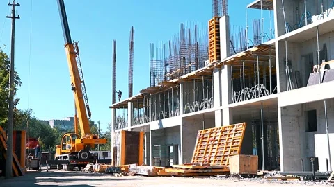 The process of creating a floor. Formwork flooring. Interior of a building under Stock Footage 212429818
