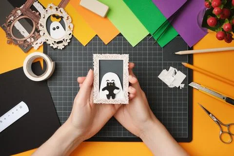 The process of creating a Halloween craft. A finished craft in the form of a  Stock Photos