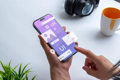 Process of creating an interface for a mobile app. User interface and experie Stock Photos