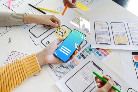 Process of creating an interface for a mobile app. User interface and experience Stock Photos