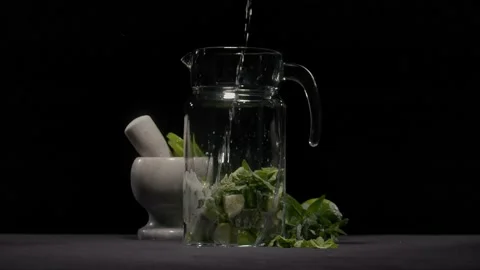 The process of creating a mojito, water is poured into a jug Stock Footage 194355673