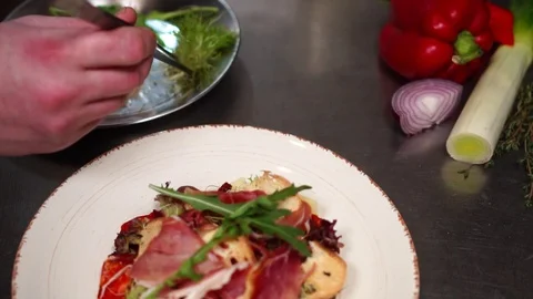 Process of creating perfect food presentation on healthy fresh vegetable Caesar Stock Footage 106977633