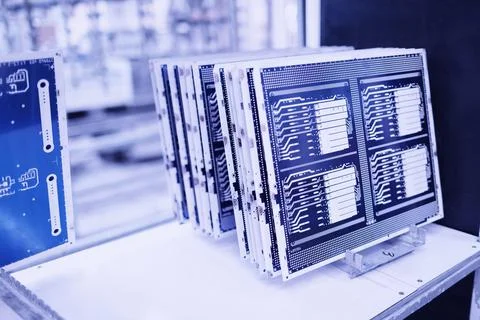 Process of creating a printed circuit board. printed circuit board in production Stock Photos