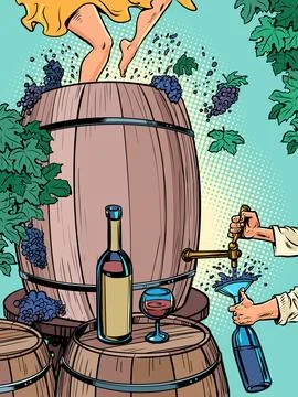 The process of creating wine and drinking it instantly. A large barrel of grapes Stock Illustration