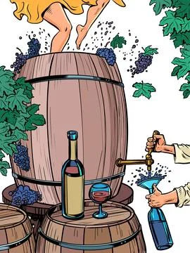 The process of creating wine and drinking it instantly. A large barrel of grapes Illustrazione stock