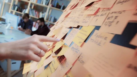 Process of creativity: on board attach bright paper stickers with idea Stock-Footage 87976957