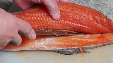 The process of cutting the fish trout. Stock Footage 221852400