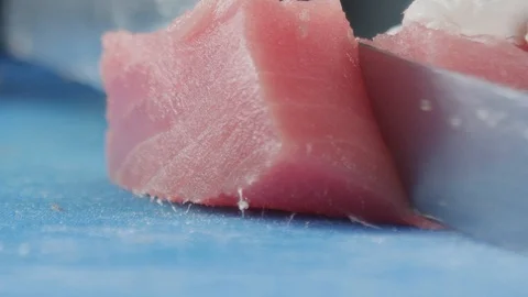 The process of cutting red fish in parts 스톡 동영상 92110798