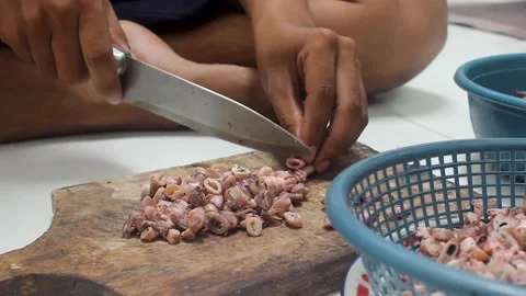 The process of cutting squid meat to make fried chili sauce. Stock Footage 276148833