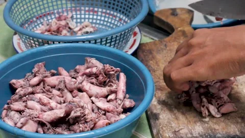 The process of cutting squid meat to make fried chili sauce. Stock Footage 276150006