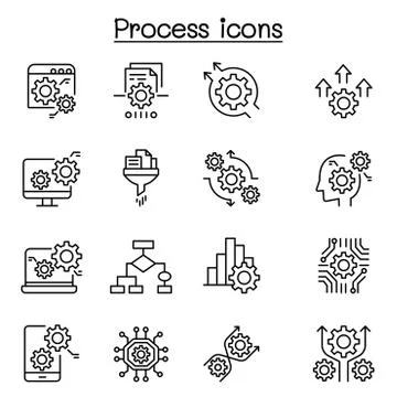 Process, data analysis icon set in thin line style Illustrazione stock