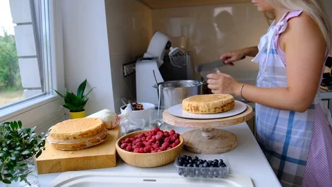 Process decorating berries cream cake. Stock Footage 113016638