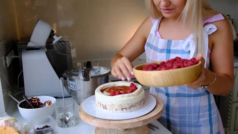 Process decorating berries cream cake. Stock Footage 113016963