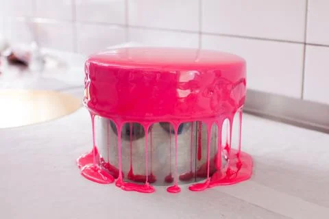 Process of decorating cake with mirror glaze Stock Photos